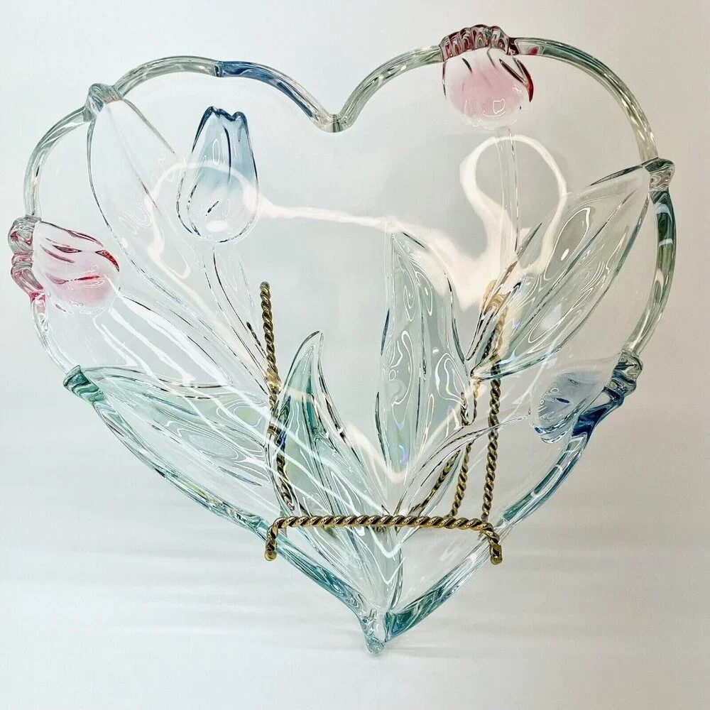 Mikasa Tivoli Crystal Serving Tray Heart Shaped W Blue Red Tulips Germany 9.5" - Picture 3 of 11